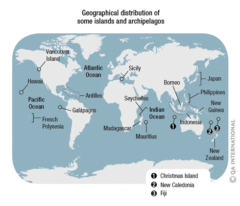 Geographical distribution of some islands and archipielagos
