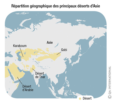 Répartition géographique des principaux déserts d'Asie