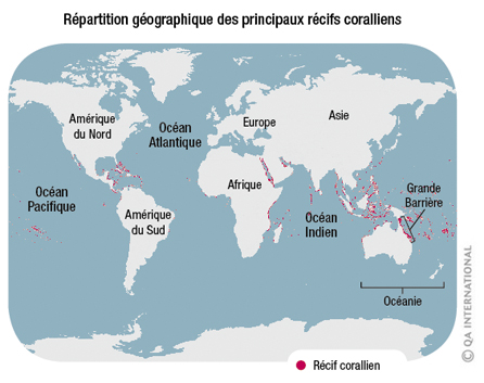 Répartition géographique des principaux récifs coralliens